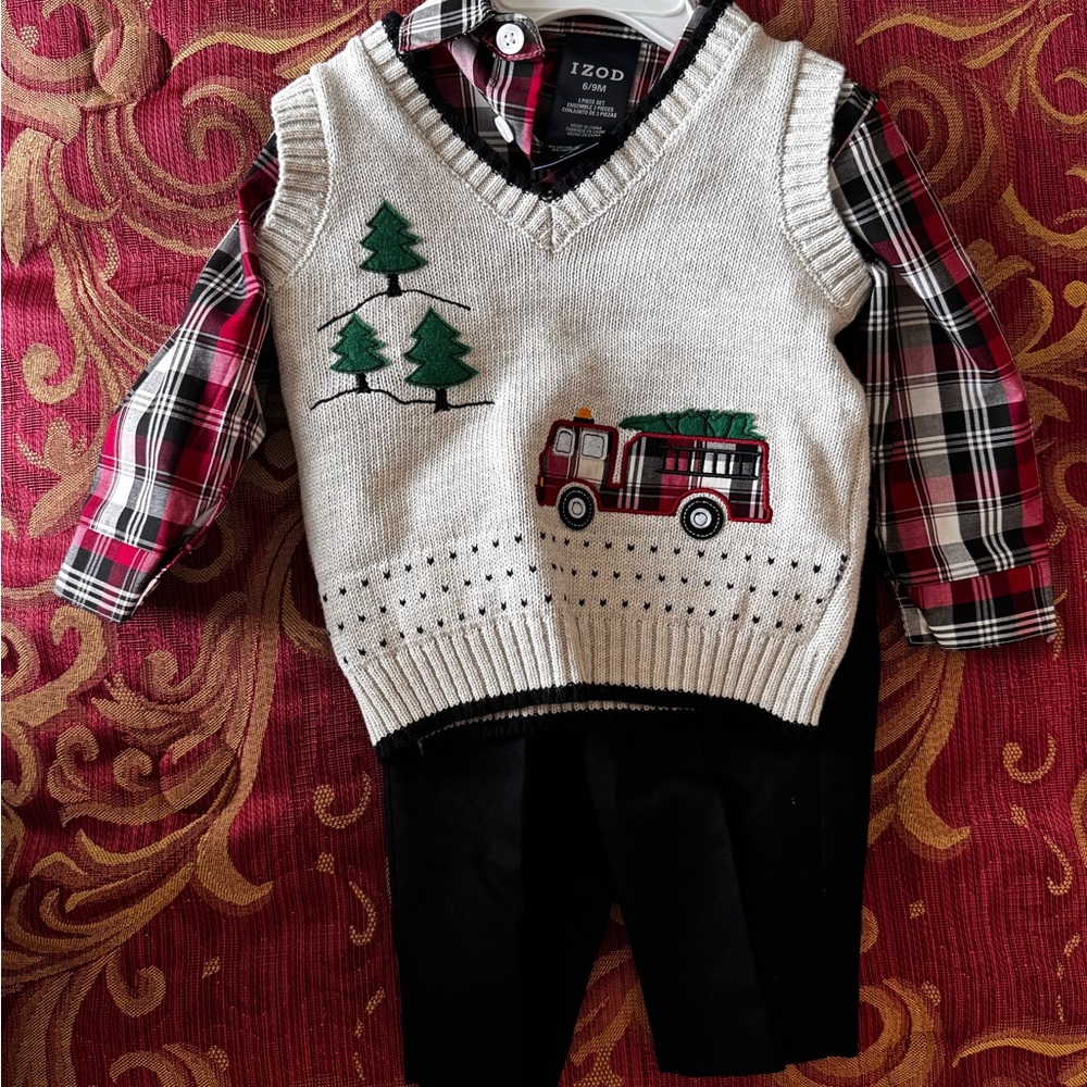 IZOD 3pc Set Holiday Sweater Knit Vest Plaid Shirt Pants Black Red Baby Boy 6-9M